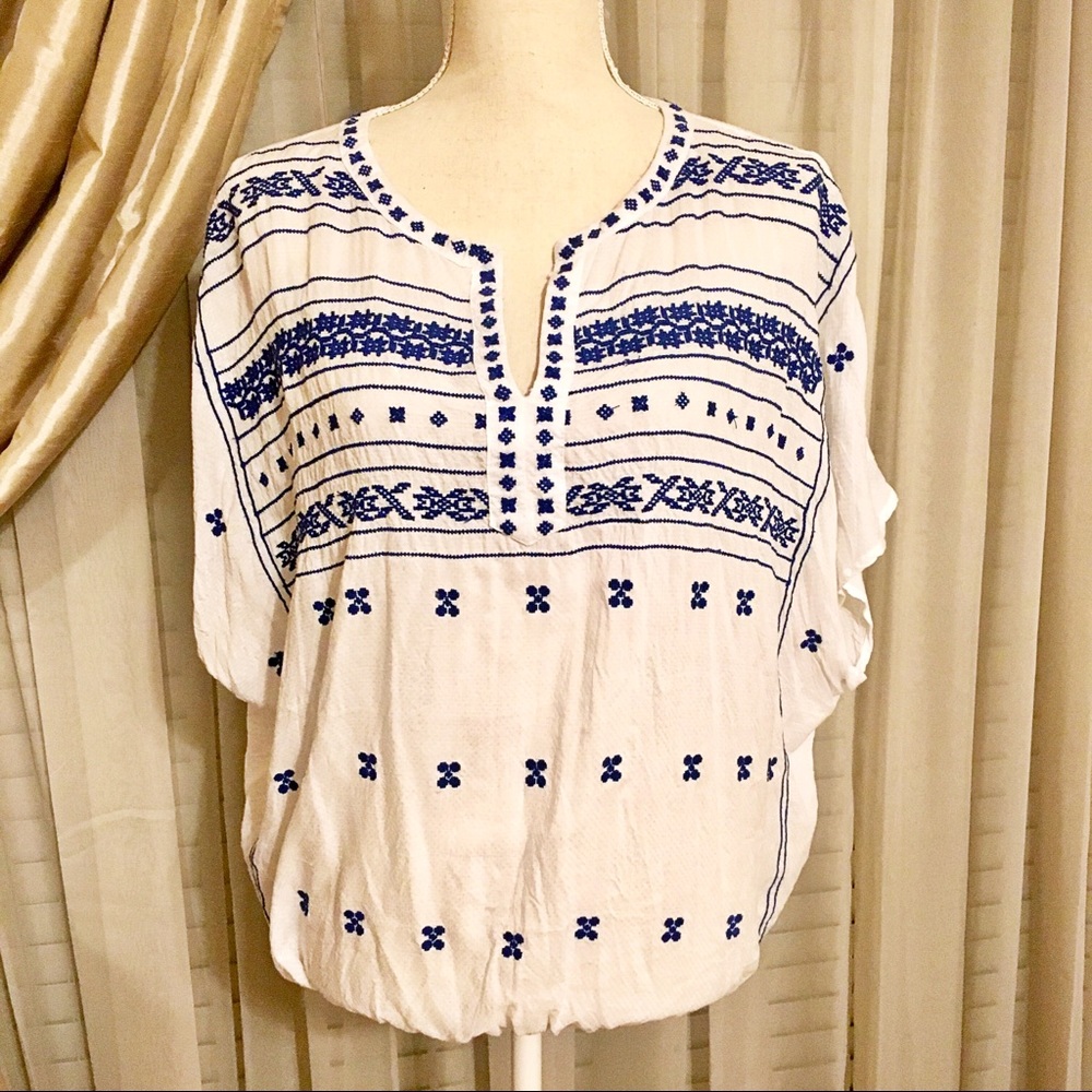 SOLD Lucky Brand Boho White & Blue Embroidered Top - Picture 4 of 7